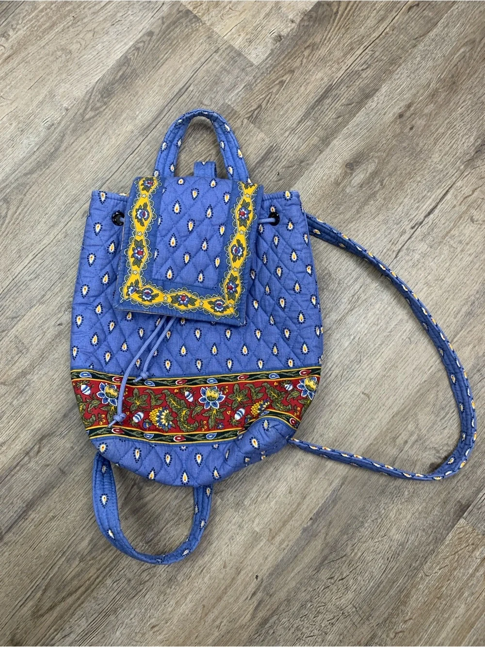 Vera Bradley Blue Quilted Drawstring Backpack with Red Floral Border